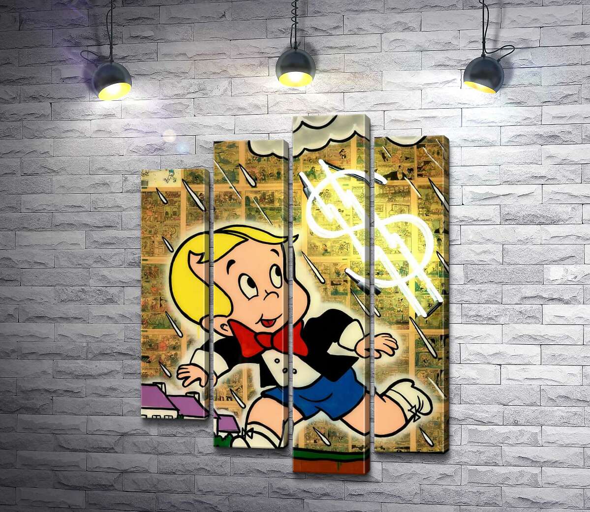 

Модульная картина ArtPoster Богатенький Ричи бежит от дождя (Richie Rich run away from rain) - Алек Монополи (Alec Monopoly) 132x176 см Модуль №21