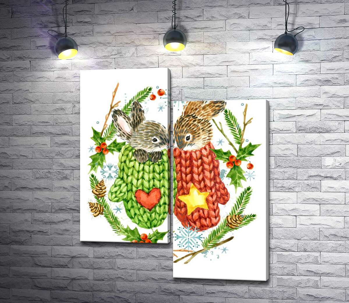 

Модульная картина ArtPoster Венок из елки и остролиста окружил зайцев в вязаных свитерах 100x122 см Модуль №5