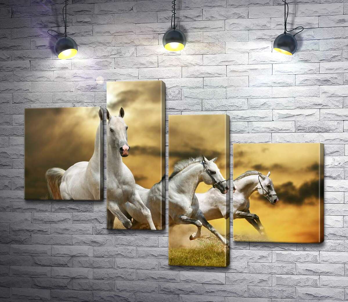 

Модульная картина ArtPoster Быстрый галоп трех белых коней 100x72 см Модуль №20