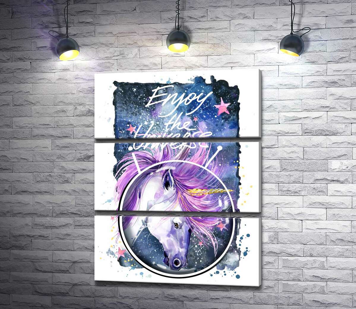 

Модульная картина ArtPoster Белый единорог в шлеме среди космоса с надписью "Enjoy the Universe" 100x129 см Модуль №13