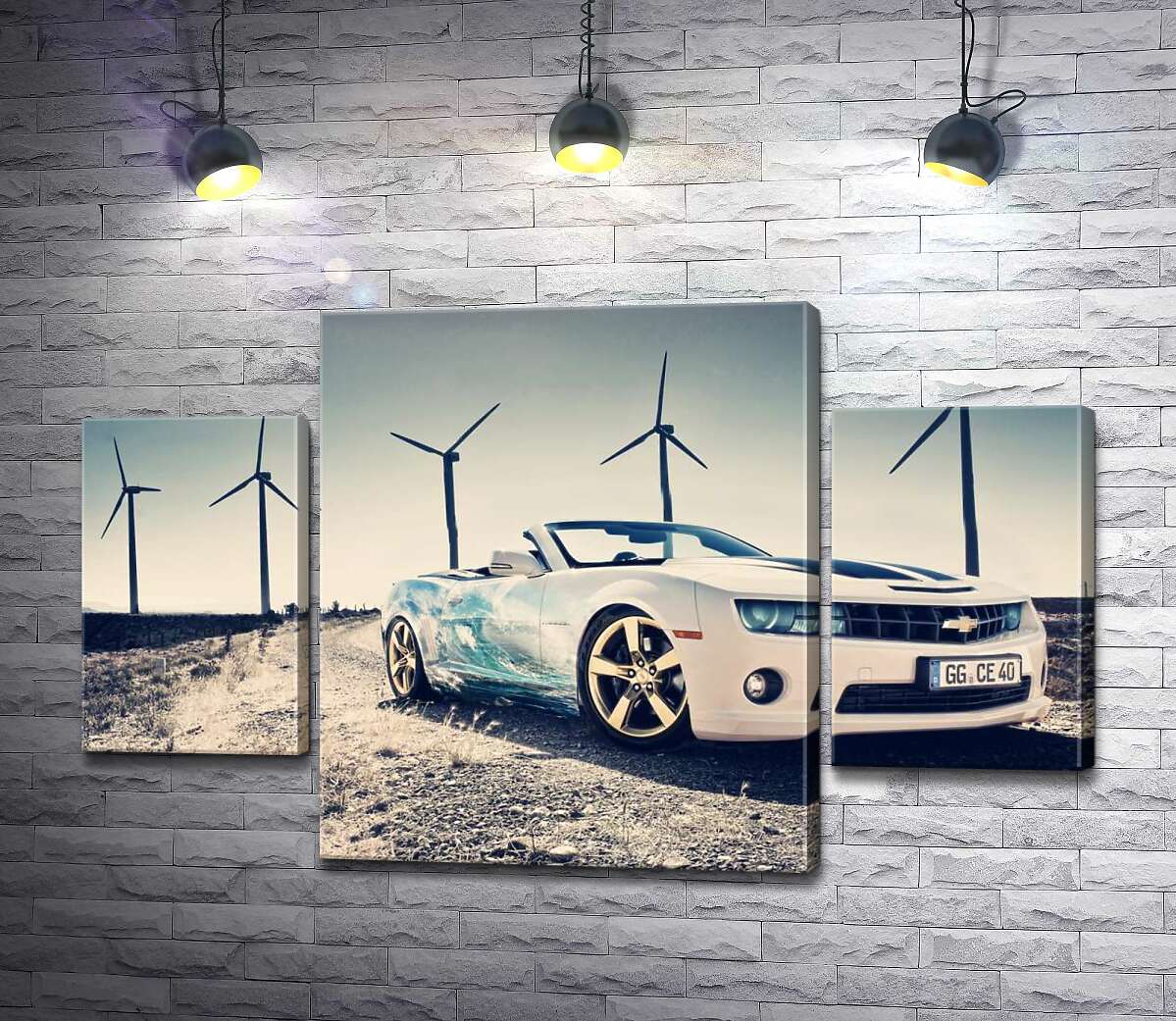 

Модульная картина ArtPoster Белый автомобиль кабриолет Chevrolet Camaro на фоне ветряных электростанций 80x50 см Модуль №7