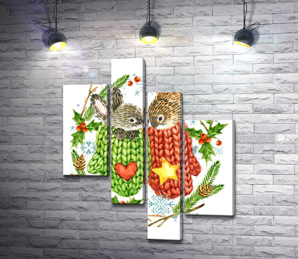 

Модульная картина ArtPoster Венок из елки и остролиста окружил зайцев в вязаных свитерах 130x159 см Модуль №20