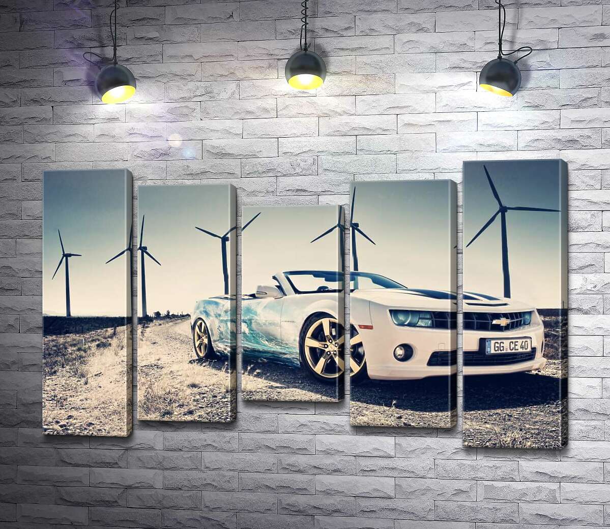 

Модульная картина ArtPoster Белый автомобиль кабриолет Chevrolet Camaro на фоне ветряных электростанций 130x83 см Модуль №28