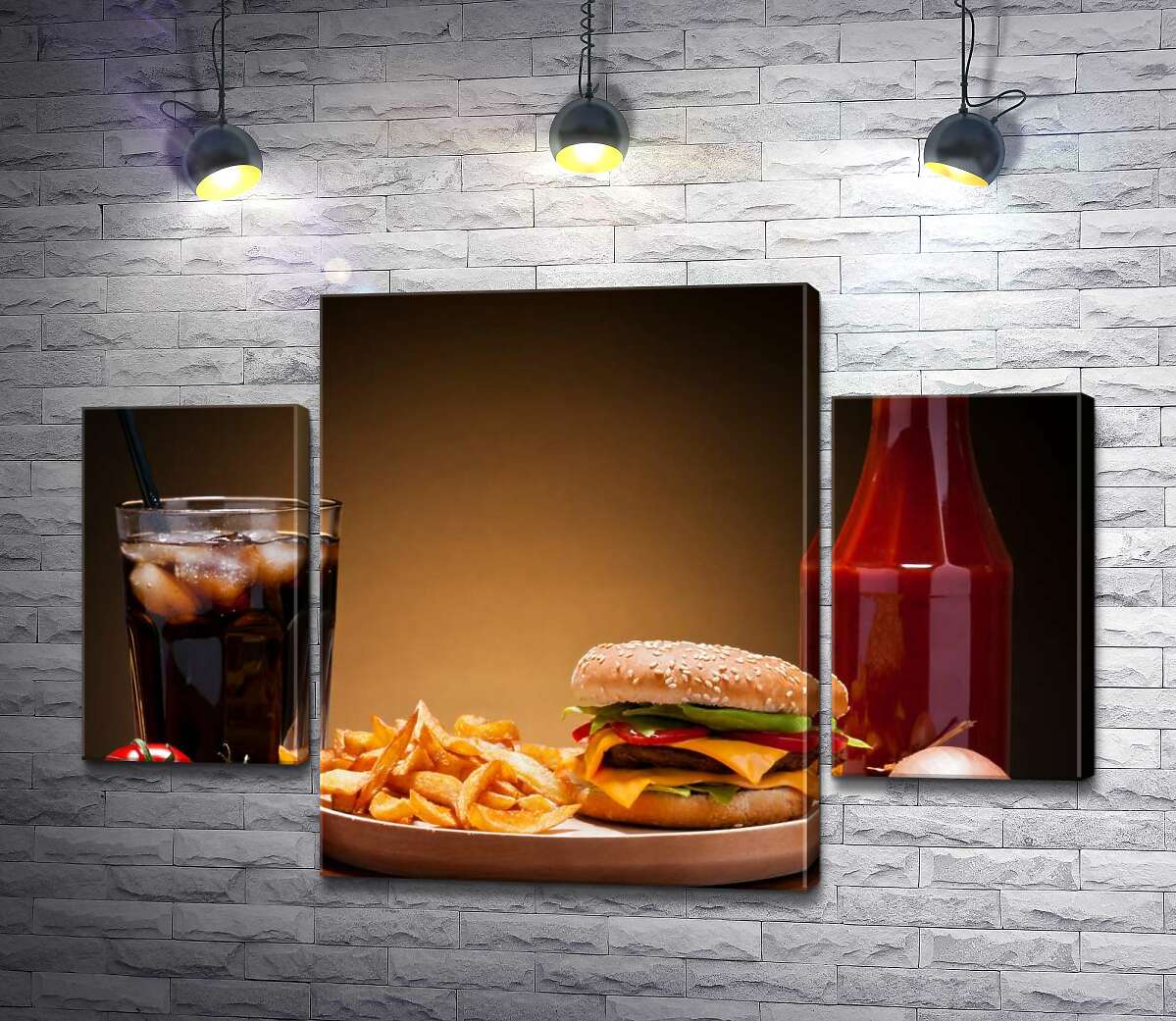 

Модульная картина ArtPoster Бургер, картофель-фри и кетчуп с холодной Кока-колой (Coca-cola) 80x54 см Модуль №7