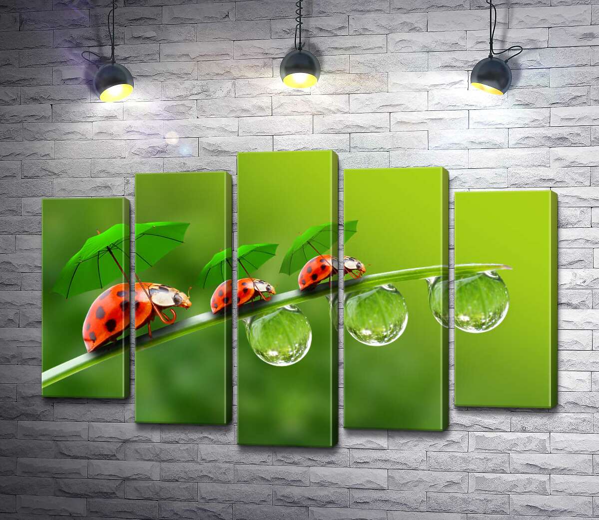 

Модульная картина ArtPoster Божьи коровки прячутся от дождя под зелеными зонтиками на травинке 100x70 см Модуль №26