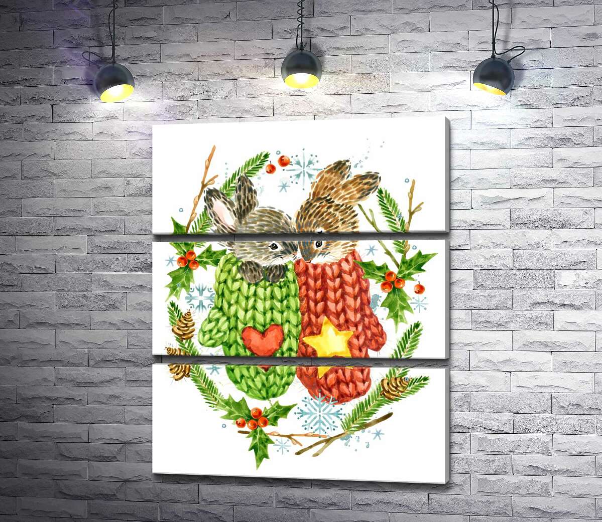 

Модульная картина ArtPoster Венок из елки и остролиста окружил зайцев в вязаных свитерах 50x63 см Модуль №13