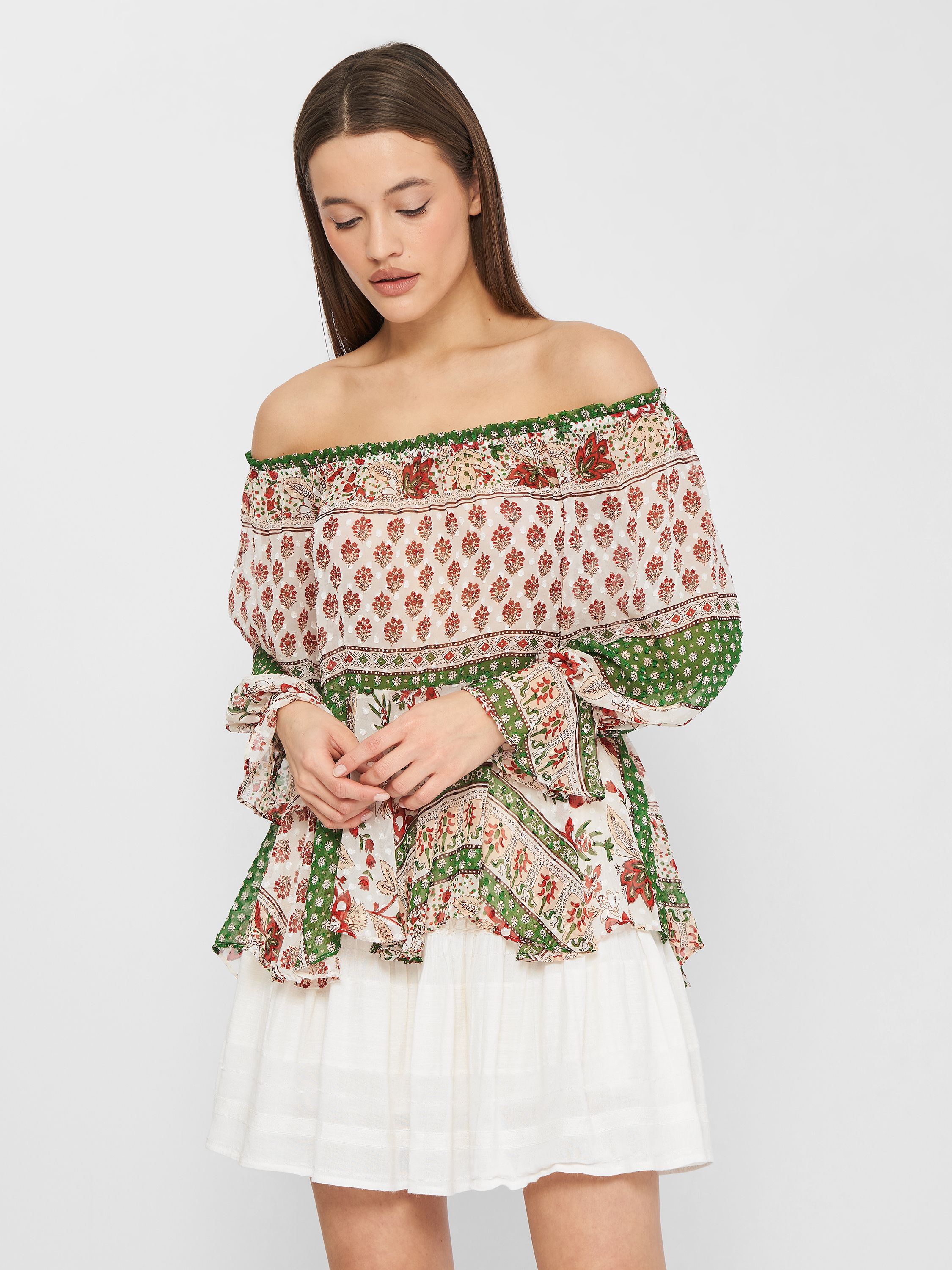

Блузка Zara 2157/036/330  Бежевая с зеленым, Блузка Zara 2157/036/330 L Бежевая с зеленым