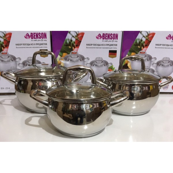 

Набор кастрюль нержавеющая сталь 6 предметов 2,1 л 2,9 л 3,9 л Benson BN-234