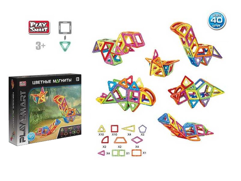 

Конструктор магнитный Play Smart,цветные магниты Динозавры, 40 деталей (2470)