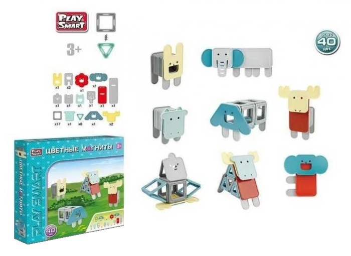 

Конструктор магнитный Play Smart животные, цветные магниты на 40 деталей (2468)