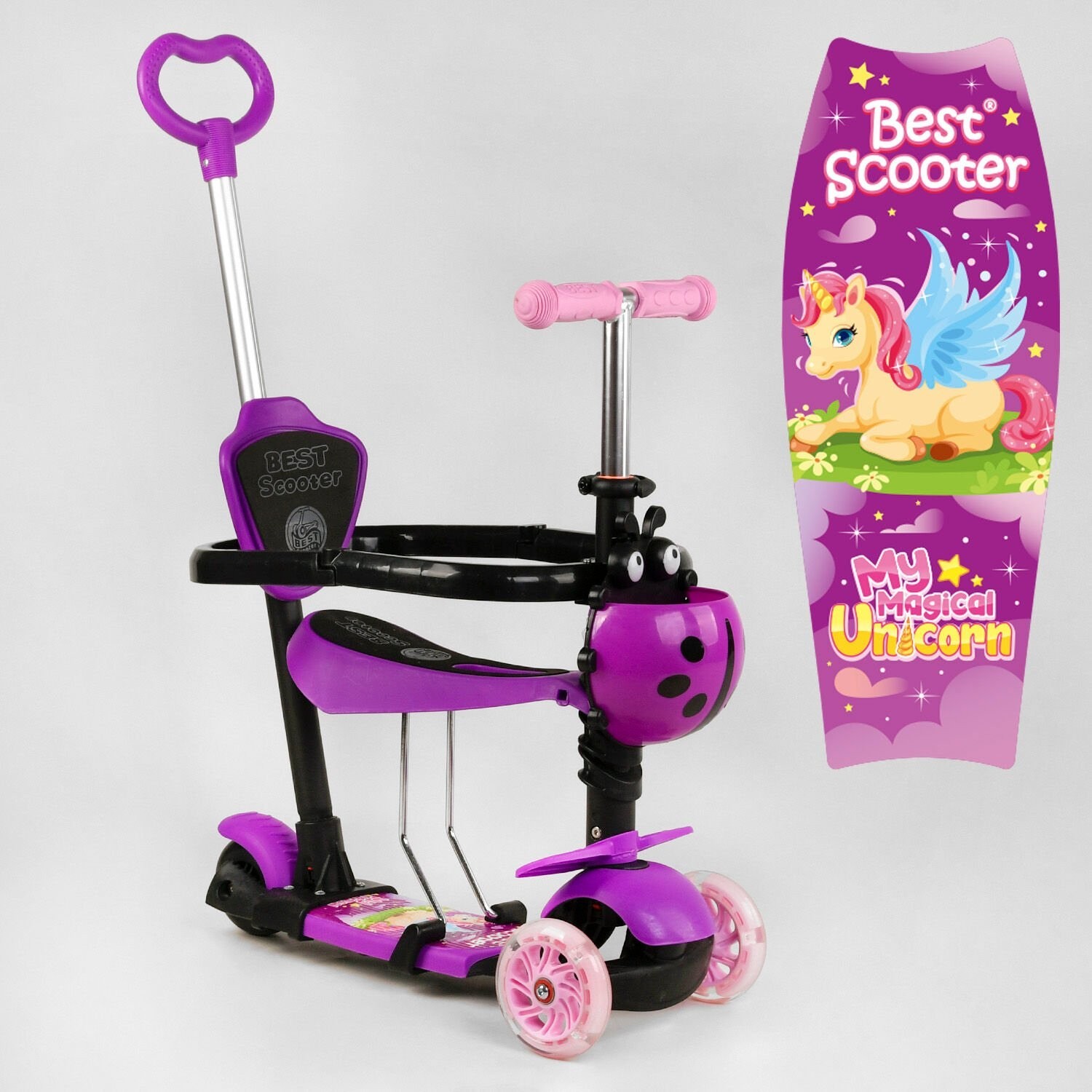 

Детский Самокат 5 в 1 трехколесный 58008 Best Scooter, с защитным бампером, PU колеса, Подсветка колес