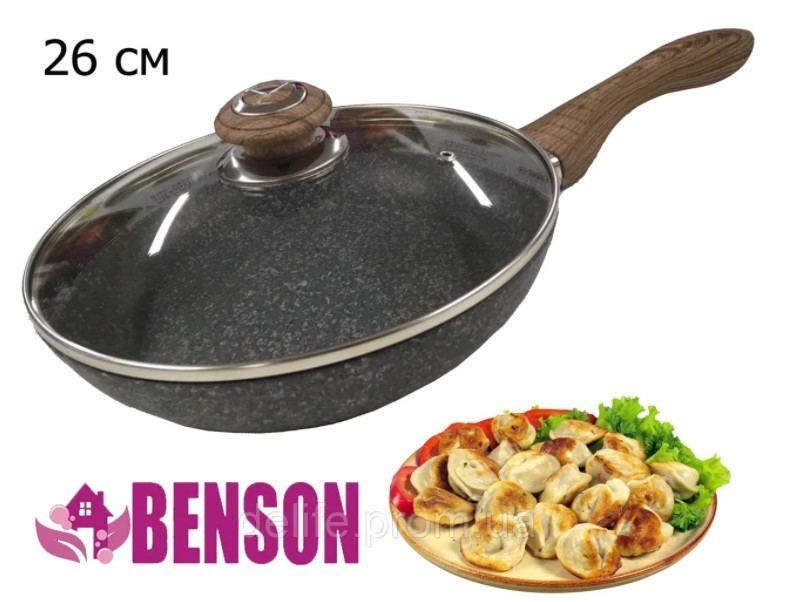 

Сковорода с антипригарным покрытием Benson BN - 543 Сковородка скрышкой для всех видов плит 26 см. с гранитным покритием для индукционных плит