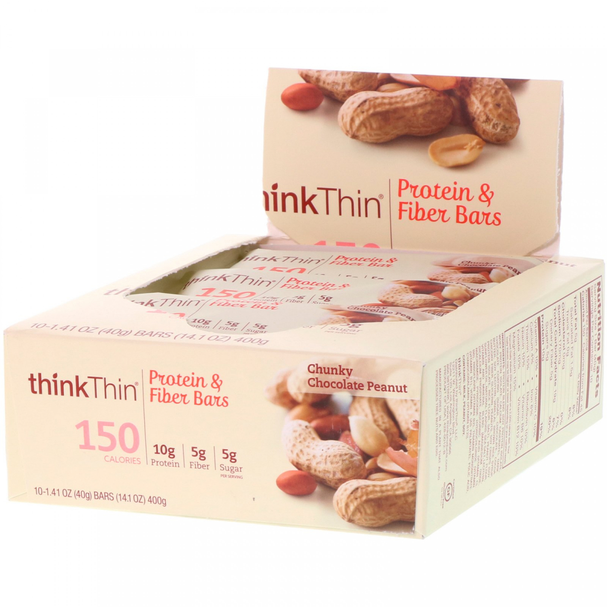 

Батончик с протеином и клетчаткой, шоколад и арахис, ThinkThin, 10 батончиков, 1,41 унц. (40 г) каждый
