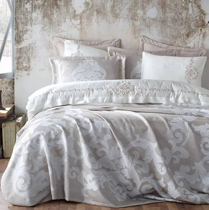 

Винтажное покрывало с комплектом постельного белья Dantela vita JUA SET 260х260см светло серый евро