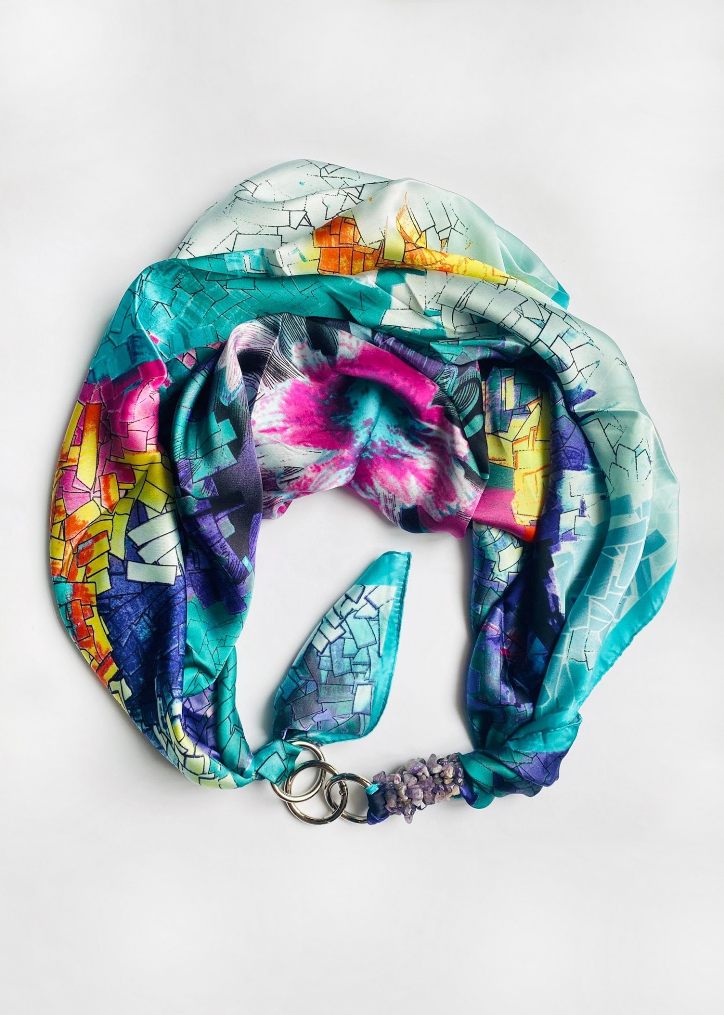 

Шелковый платок "Райский остров" My Scarf, шейный платок, подарок женщине, украшен аметистом