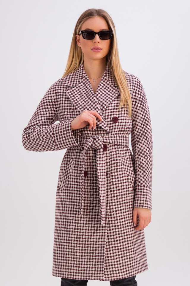 

Демисезонное шерстяное пальто с поясом Kelly лапка бордо Н, Демисезонное шерстяное пальто с поясом Kelly лапка бордо Н 42