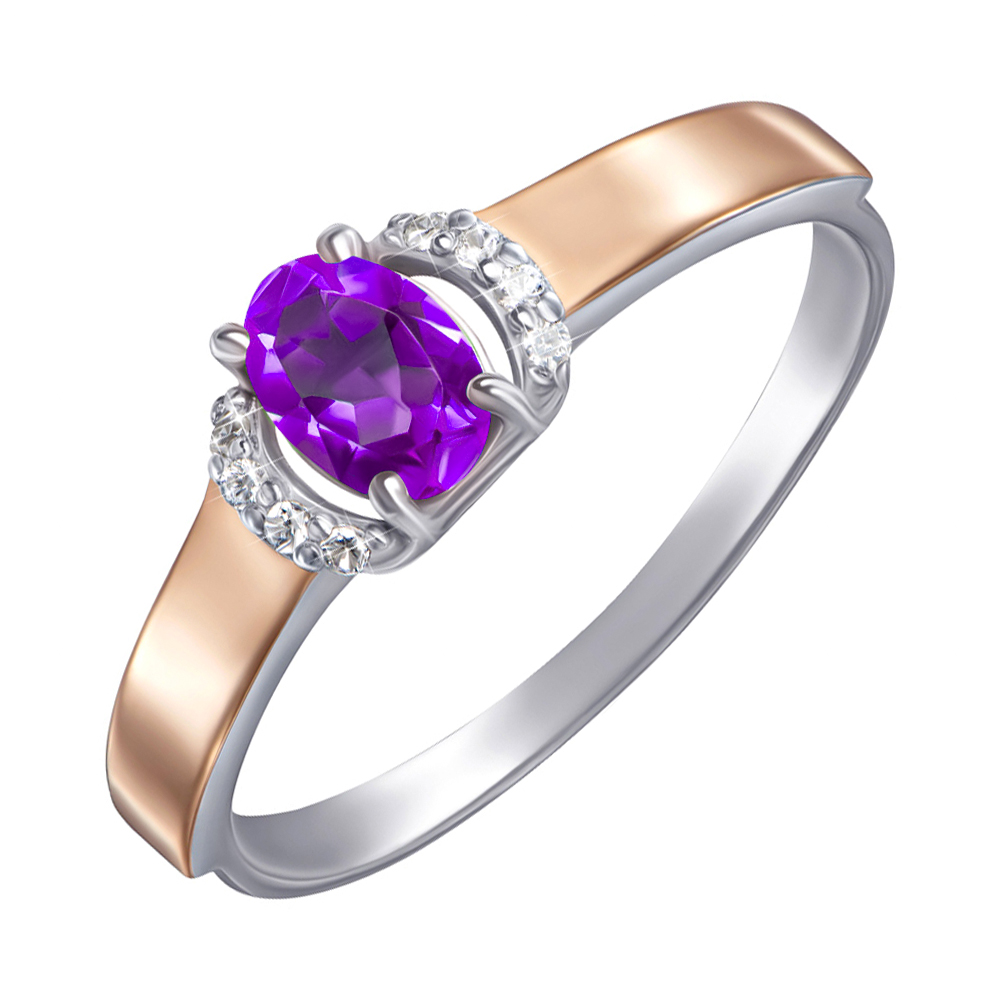 

Серебряное кольцо с золотыми накладками, аметистом и фианитами 000134975 18 размера