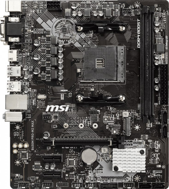 

Мат. плата MB MSI B450M PRO-M2 MAX (B450/sAM4/2xDDR4 3466(OC)/1xPCIе x16/2xPCIе x1/1x M.2 Socket 3/4xSATA3/RAID 0,1,10/GLan/DVI, HDMI, D-SUB, 4xUSB3.2, 2xUSB2.0/Audio 7.1Ch/mATX)