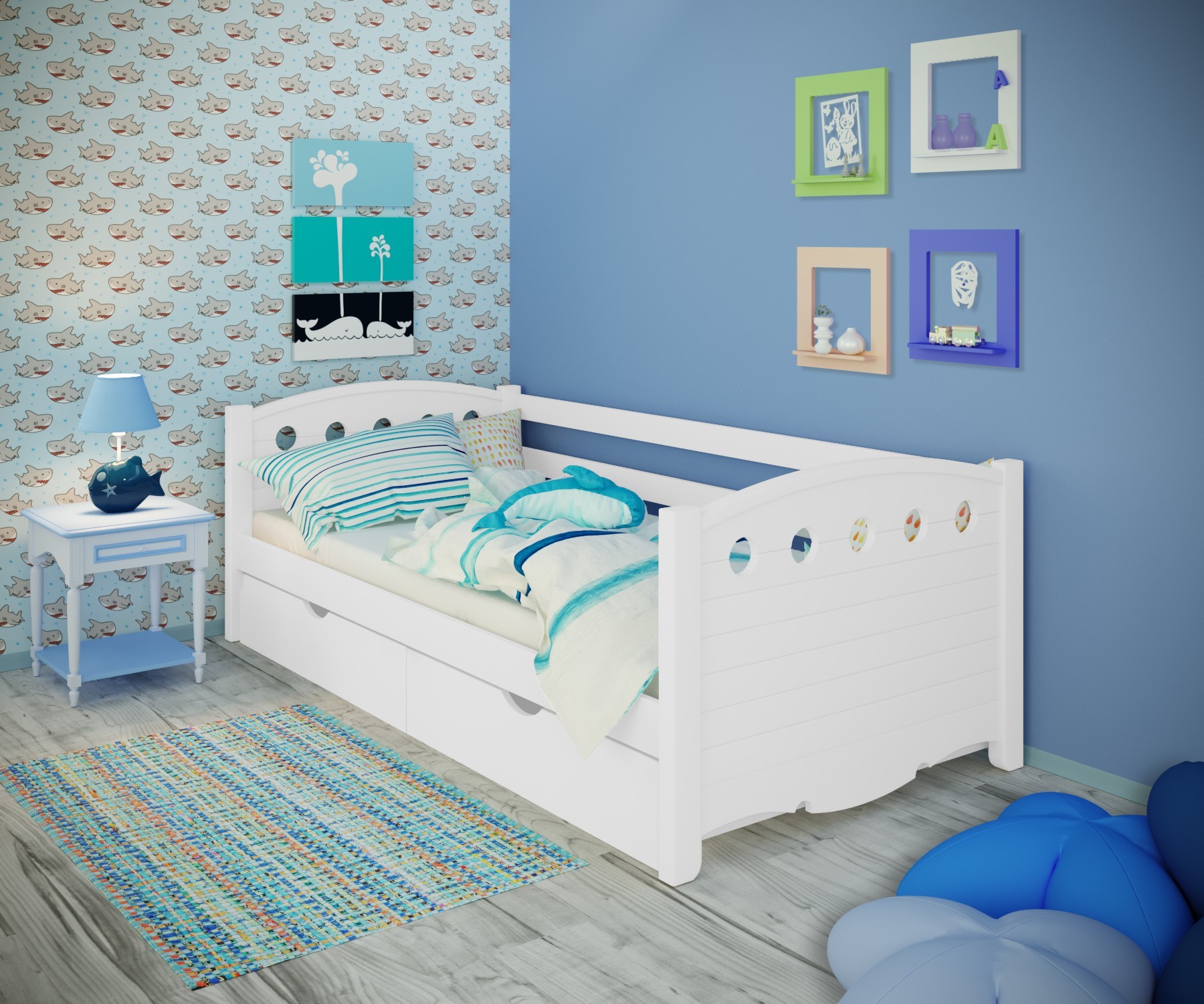 

Кровать односпальная тахта RainbowDream Анри 80х200 см белый массив ольхи, с ящиками