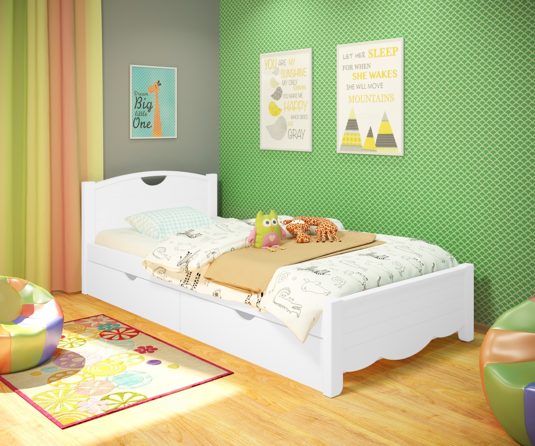 

Кровать односпальная RainbowDream Белла 80х200 см белый массив ольхи, с ящиками