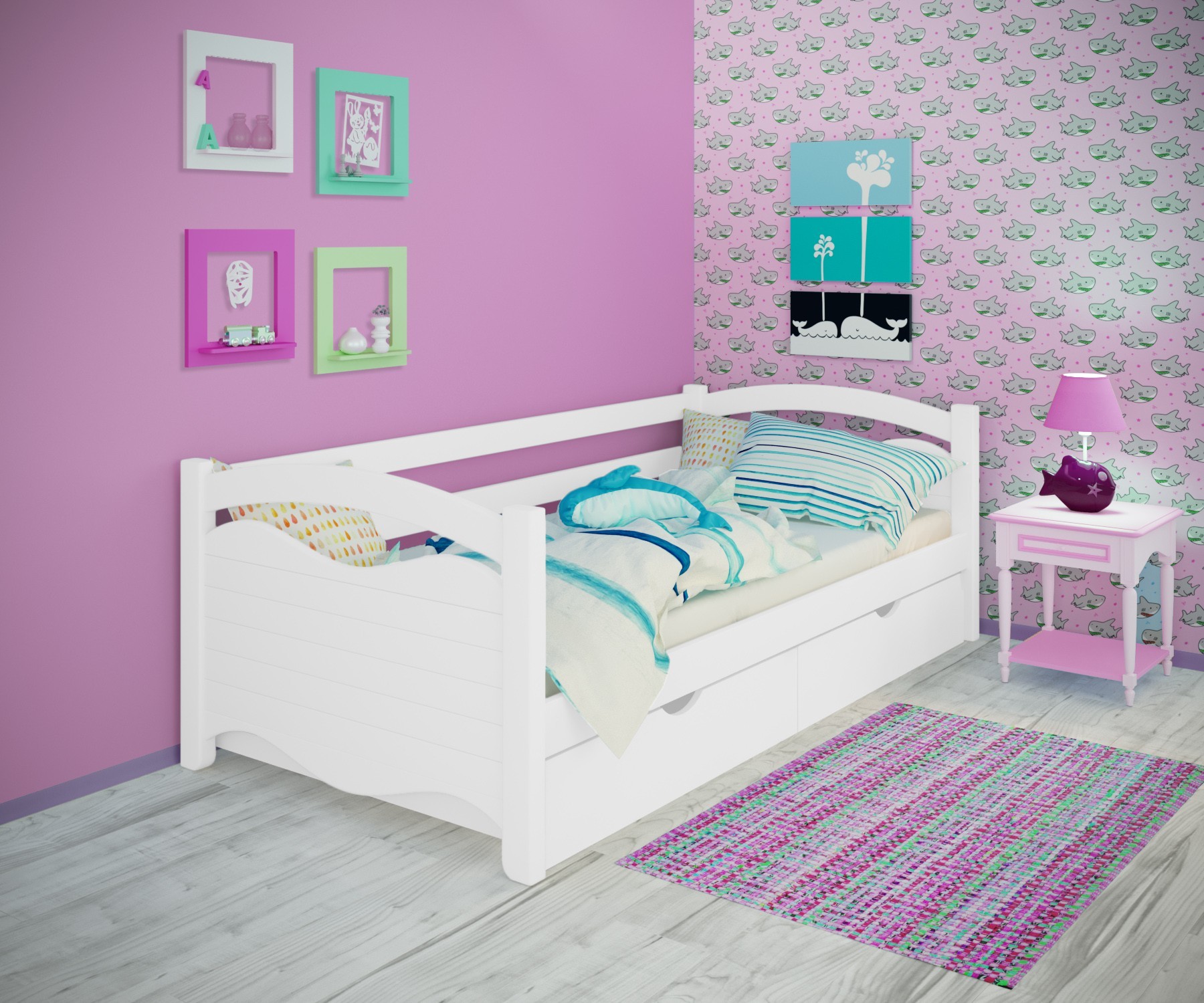 

Кровать односпальная тахта RainbowDream Фабертино 80х190 см белый массив ольхи, с ящиками