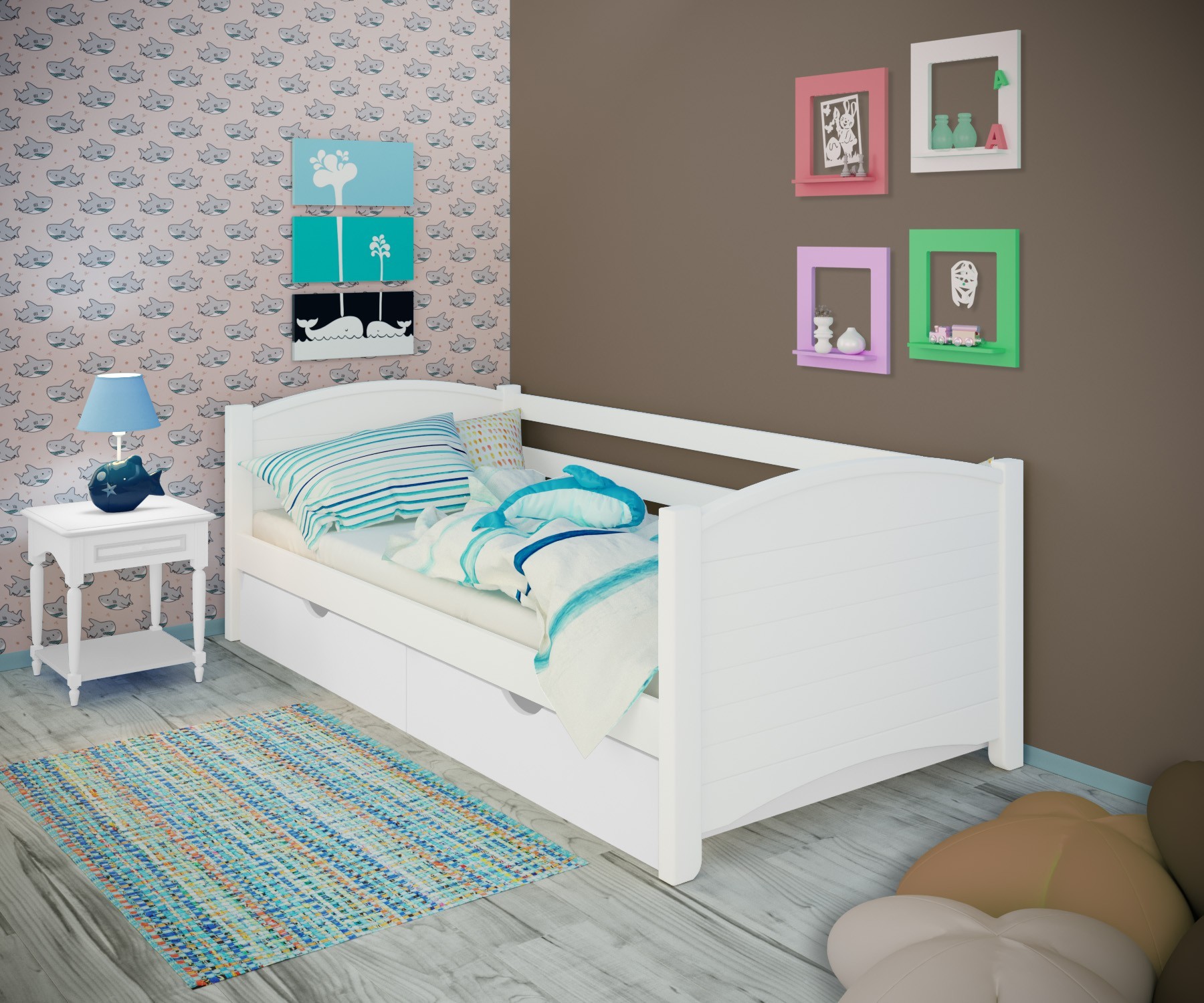 

Кровать односпальная тахта RainbowDream Доминика 80х200 см белый массив ольхи, с ящиками