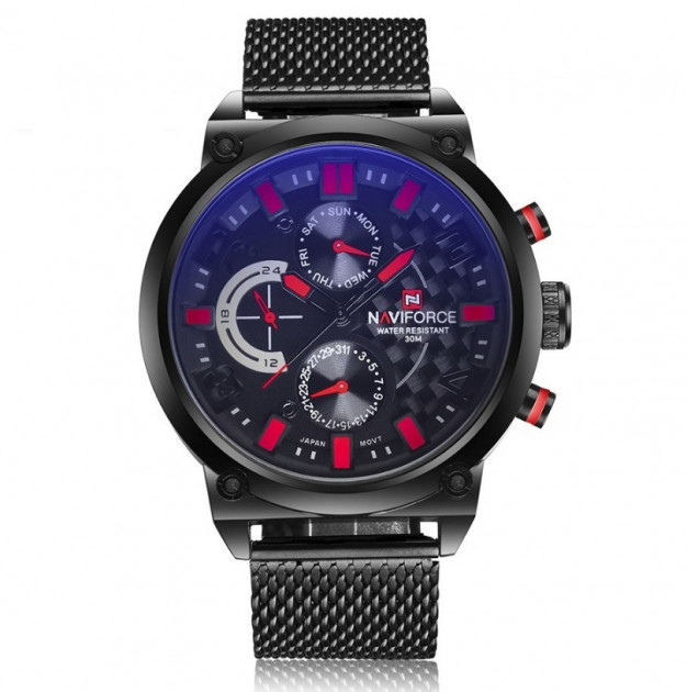 

Часы мужские Naviforce Brutto (№ 9068) с металлическим браслетом и подсветкой стрелок Черный/Красный