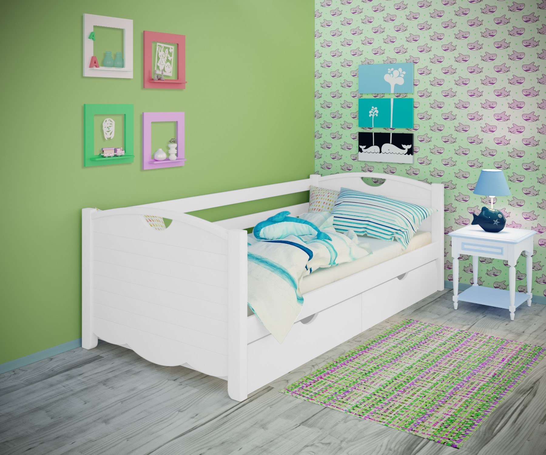 

Кровать односпальная тахта RainbowDream Белла 80х200 см белый массив ольхи, с ящиками