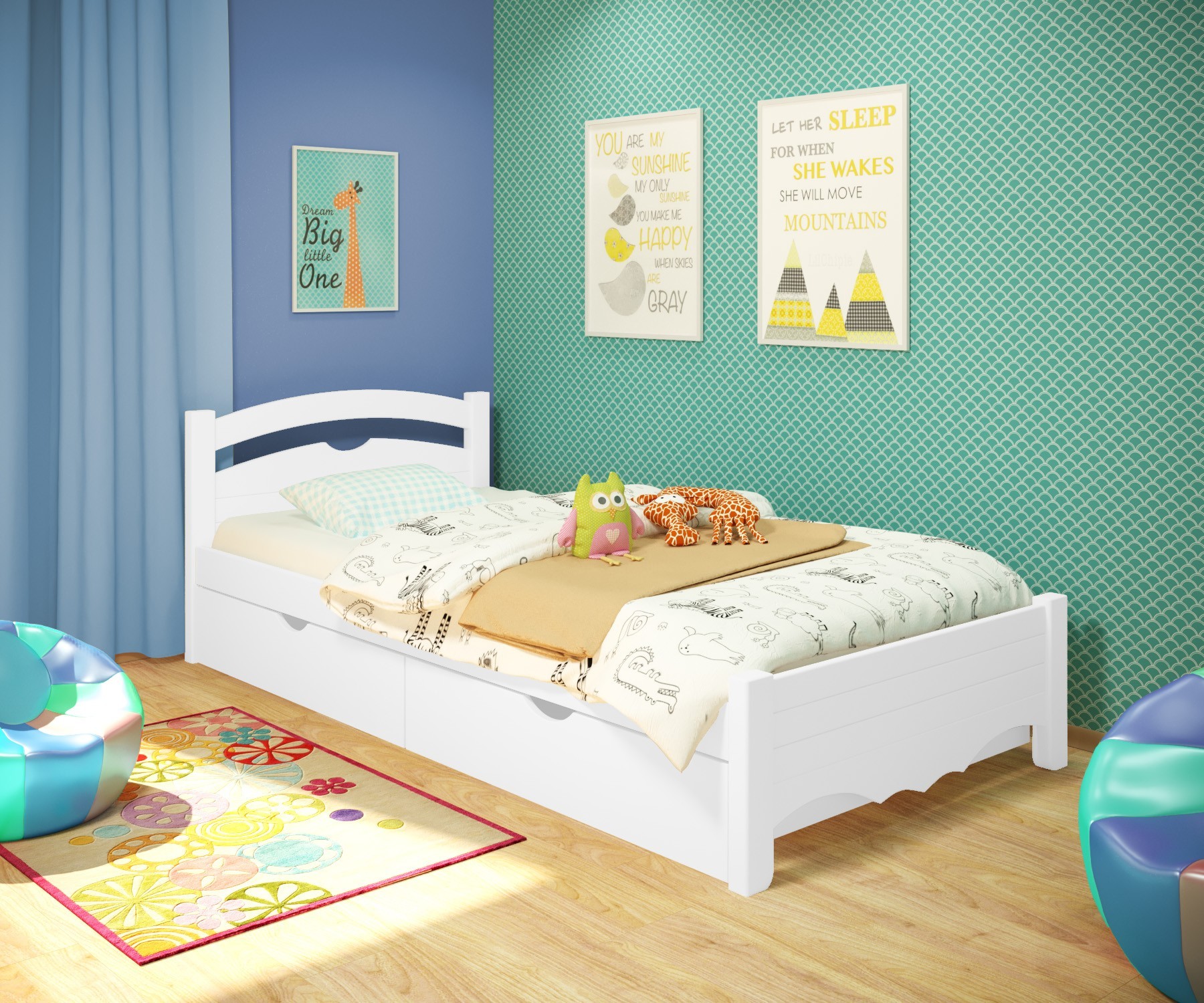 

Кровать односпальная RainbowDream Фирина 80х200 см белый массив ольхи, с ящиками