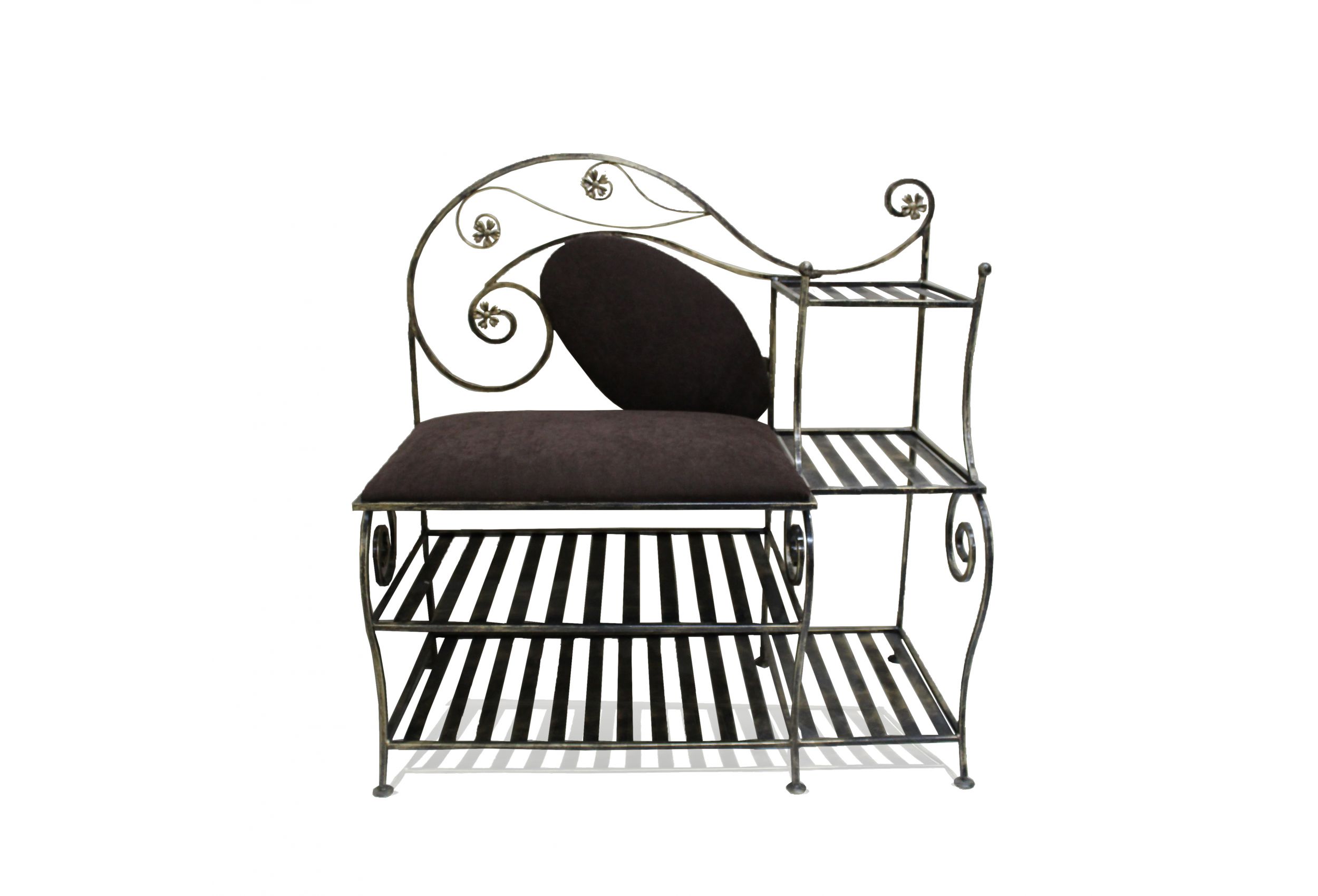 

Банкетка кованая велюровая для коридора, прихожей, балкона и террасы SVL Комби, полки слева, каркас черное золото 0478-06