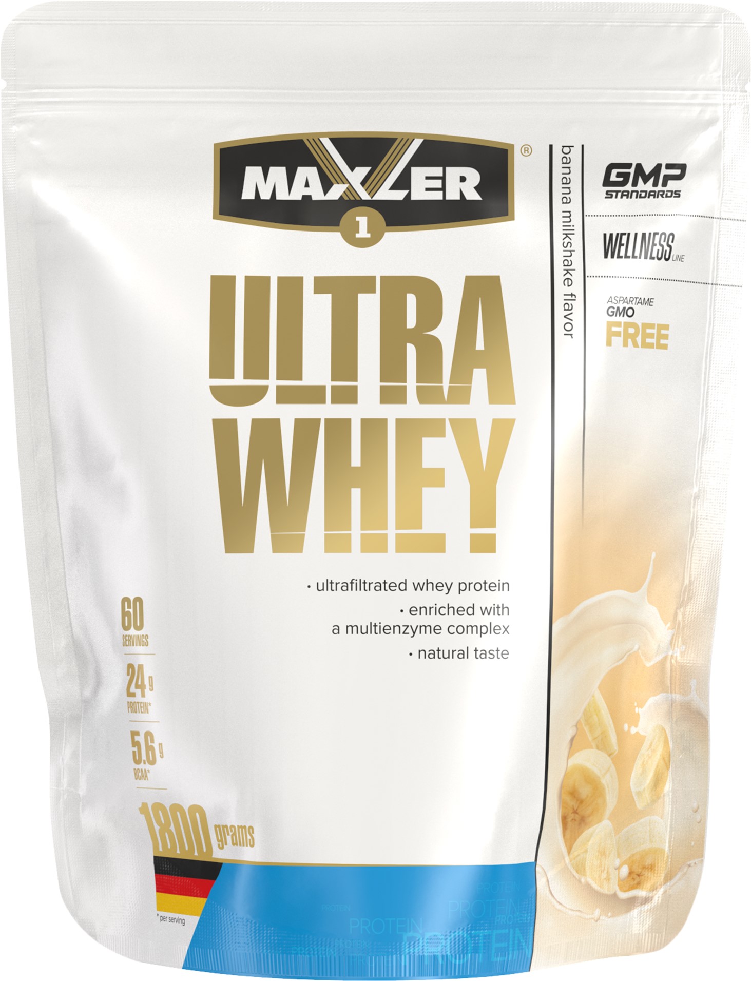 

Сывороточный протеин Maxler Ultra Whey 1800 г в пакете со вкусом Бананового молочного коктейля (4260122321315)