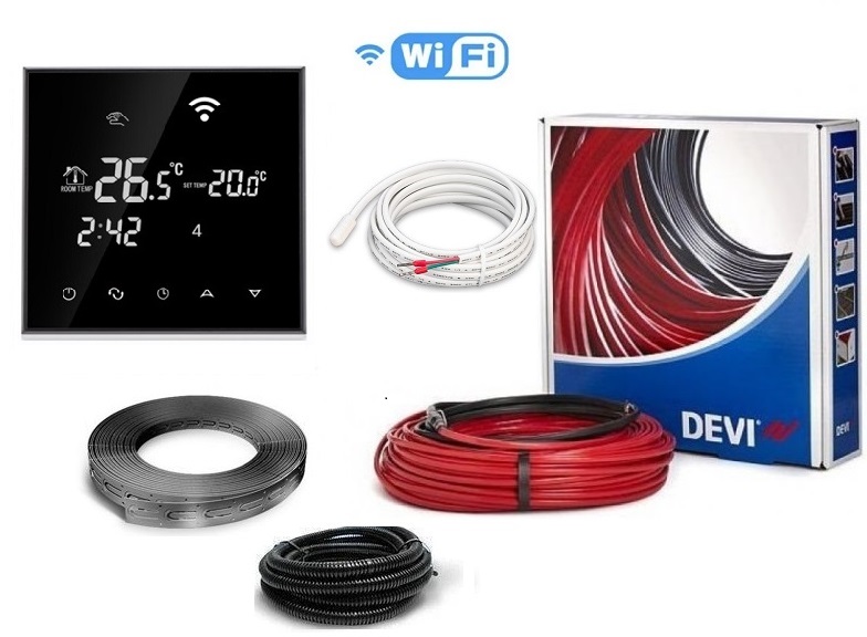 

Теплый пол DEVIflexTM 18T (140F1402) двухжильный нагревательный кабель 170 м, 3050 Вт c программируемым сенсорным WiFi Black терморегулятором в комплекте(VIT78)