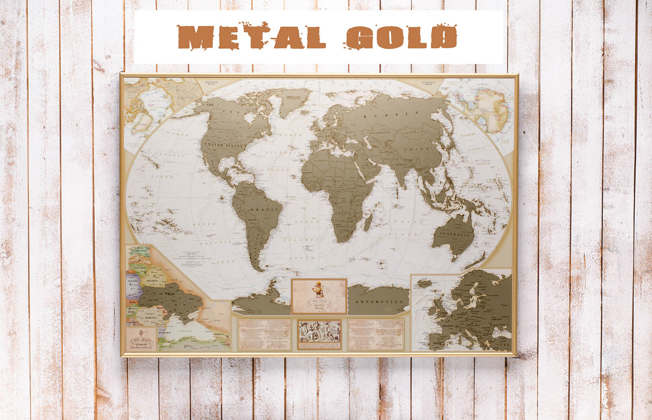 

Античная скретч карта мира на англ. языке в металлической раме Gold