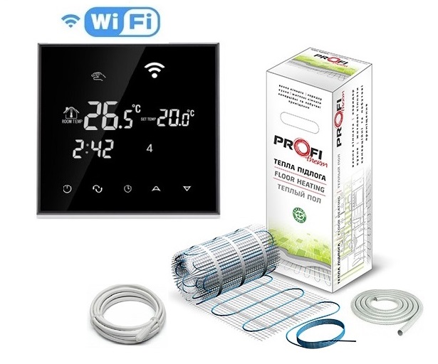 

Теплый пол Profi Therm нагревательный двухжильный мат 150/1800Ват/12 м2 в комплекте с Wi-Fi Black терморегулятором (T00486971)