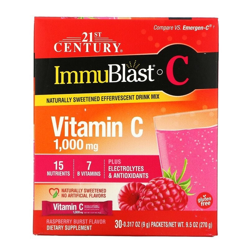 

Витамины 21st Century ImmuBlast-C Vitamin C Effervescent Drink Mix Raspberry Burst 1000 мг 30 пакетов