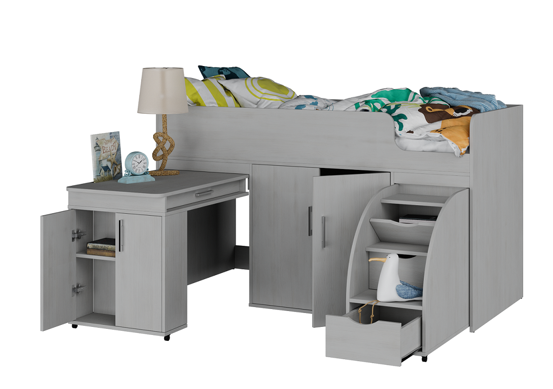 Кровать-чердак с выдвижным столом MebelLoft КАМА КИД белое дерево 0425 ...