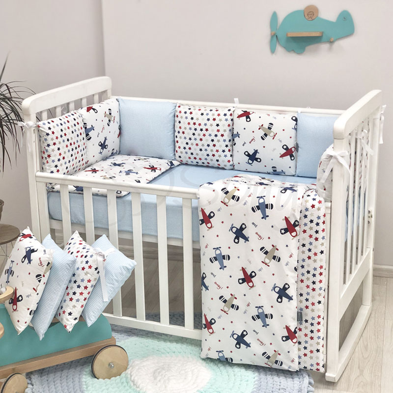 

Комплект защита-бортики Маленькая соня Baby Аэроплан поплин в кроватку стандарт/овал защита+простынь детский арт.720208