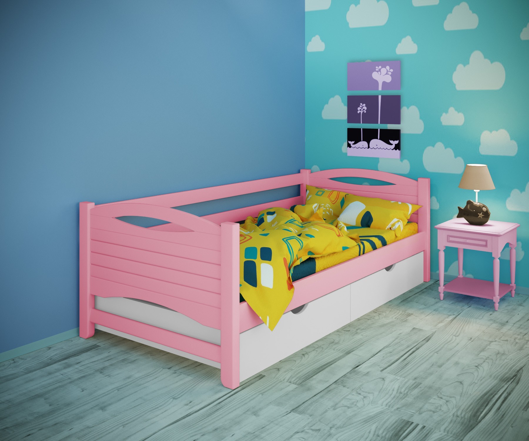 

Кровать односпальная тахта RainbowDream Анимона 90х190 см розовый массив ольхи, с ящиками