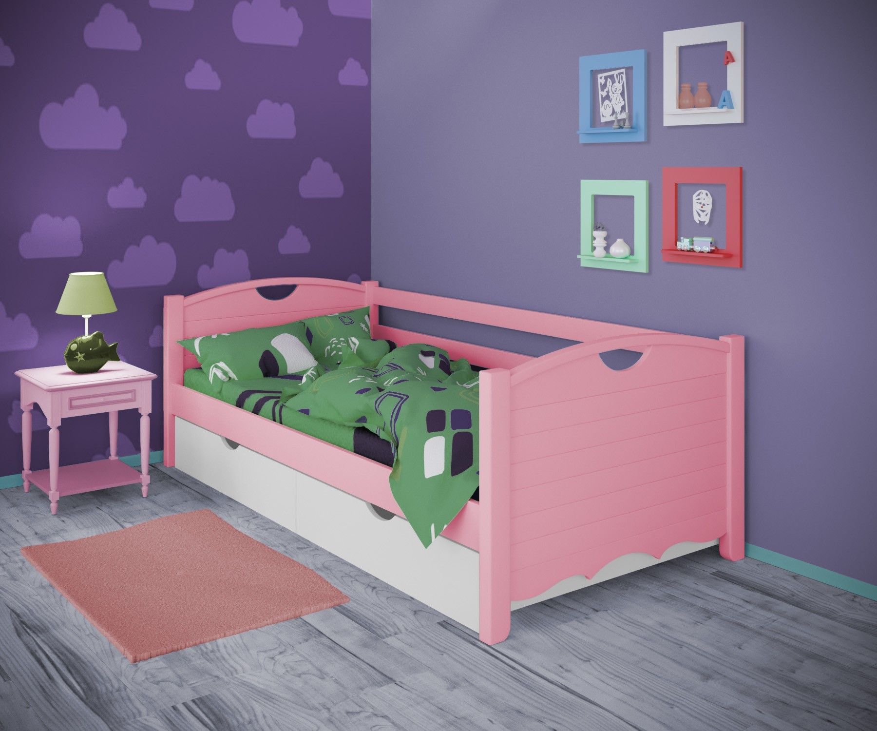 

Кровать односпальная тахта RainbowDream Дженни 90х190 см розовый массив ольхи, с ящиками