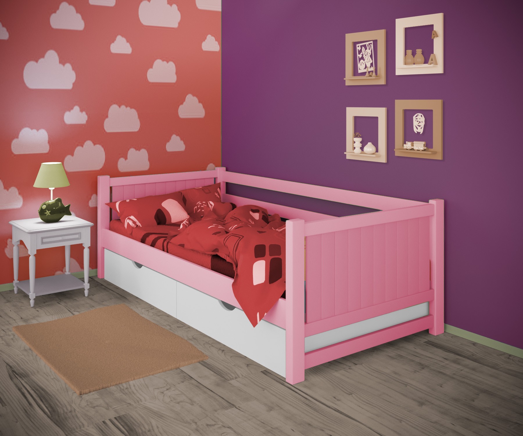

Кровать односпальная тахта RainbowDream Лимонти 80х200 см розовый массив ольхи, с ящиками