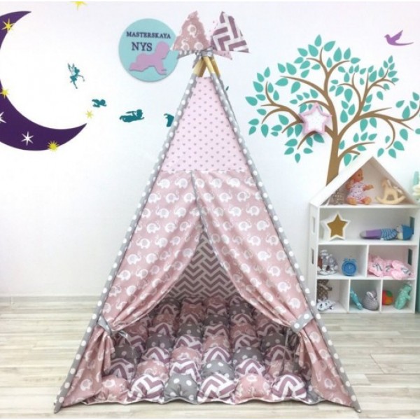 

Детская Палатка - Вигвам «Волшебная Страна» от 3 лет (Коричневый) 100% Коттон Матрасик + 2 Подушки, Флажки, Гирлянда