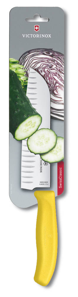 

Кухонный нож SwissClassic Santoku 17см рифл. с желт. ручкой (блистер)
