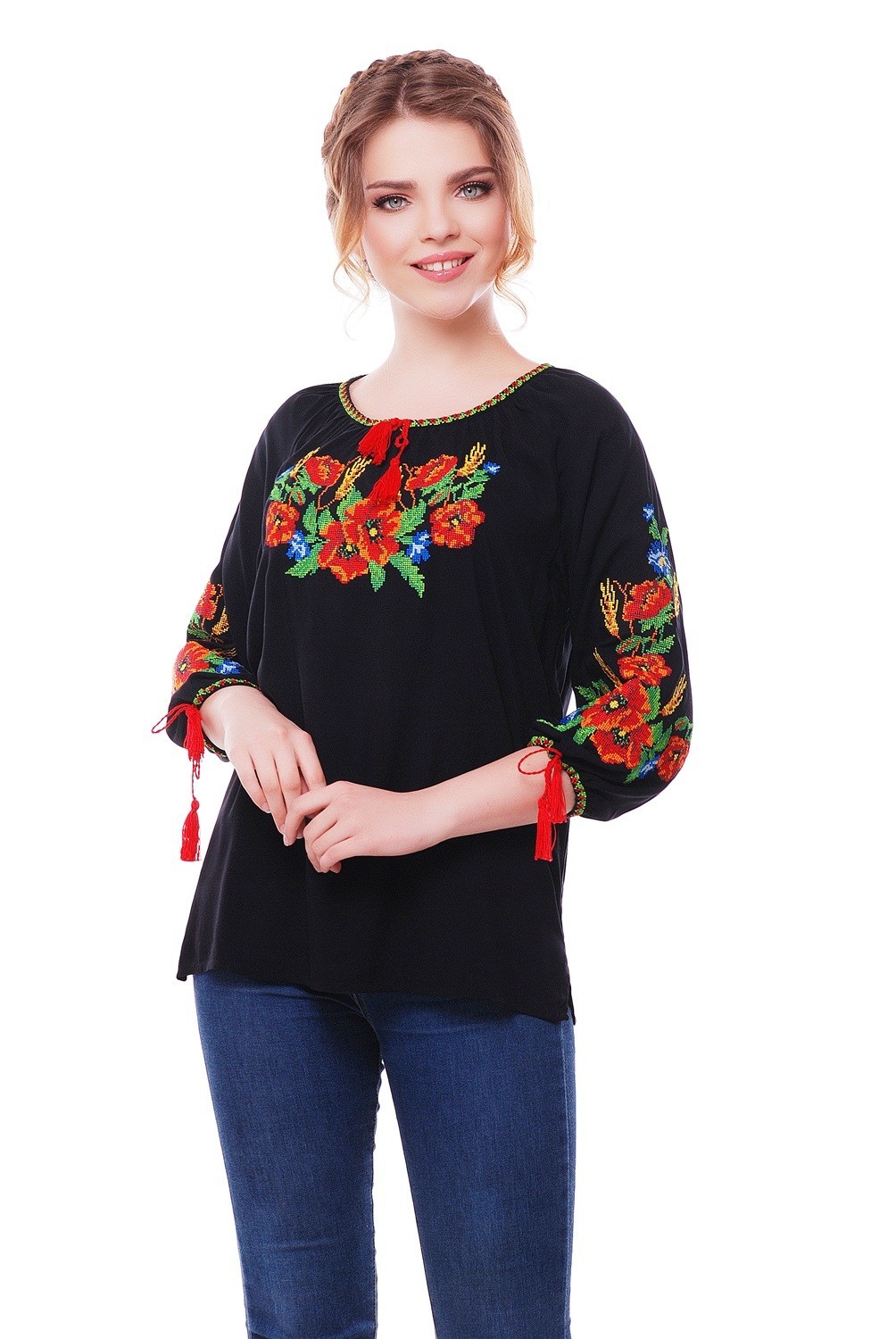 

Блуза женская Слобожанка Карпатский веночек черная  ВУ-1к р3/4, Блуза женская Слобожанка Карпатский веночек черная 52 ВУ-1к р3/4