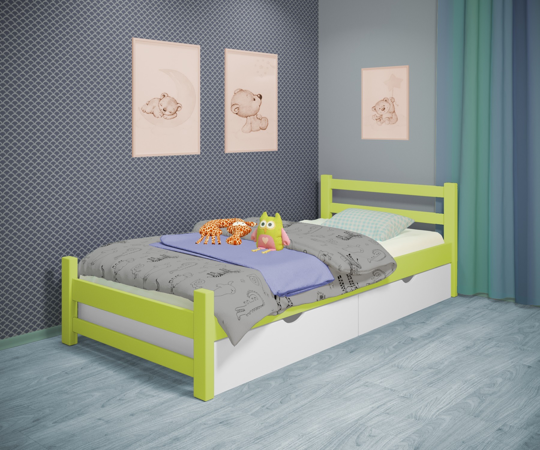 

Кровать односпальная RainbowDream Лентори 80х200 см зеленый массив ольхи, с ящиками