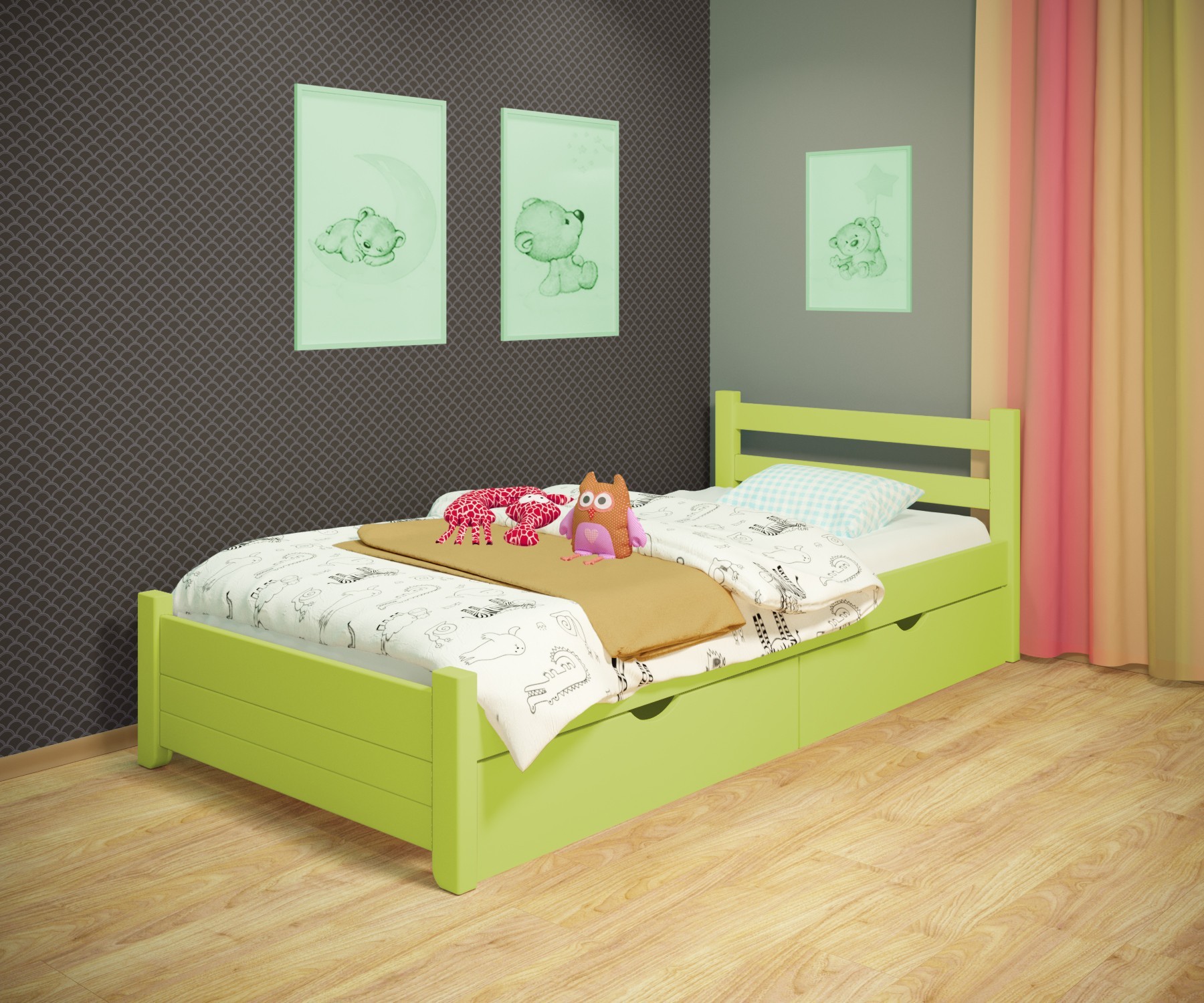 

Кровать односпальная RainbowDream Маркус 90х190 см зеленый массив ольхи, с ящиками