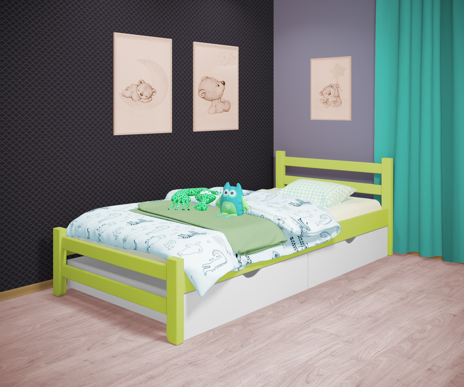 

Кровать односпальная RainbowDream Томас 80х200 см зеленый массив ольхи, с ящиками