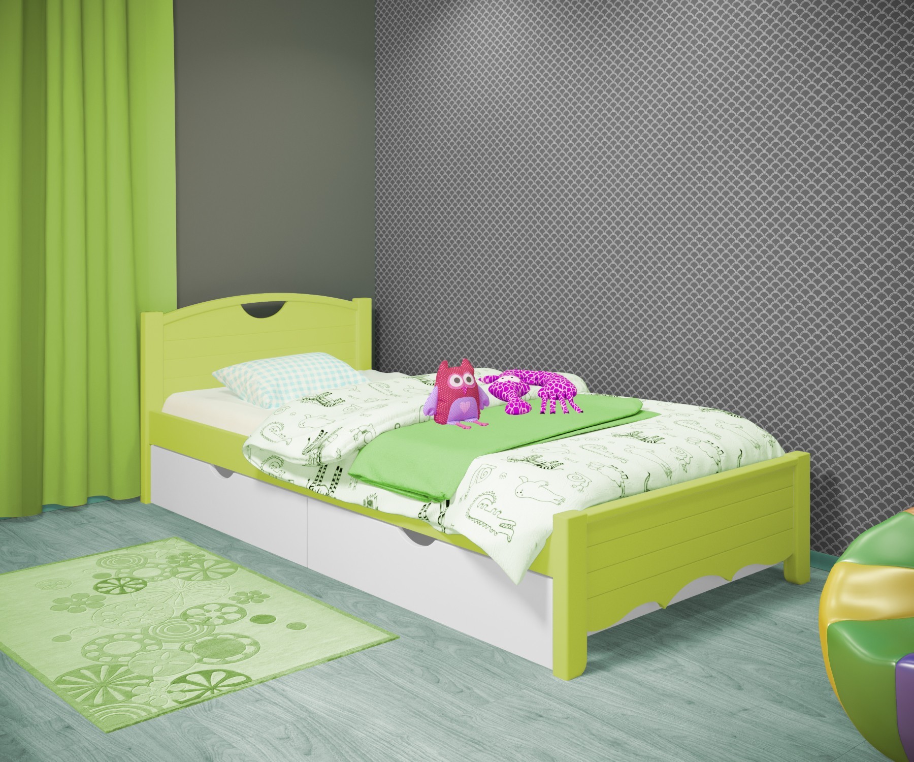 

Кровать односпальная RainbowDream Дженни 120х200 см зеленый массив ольхи, с ящиками