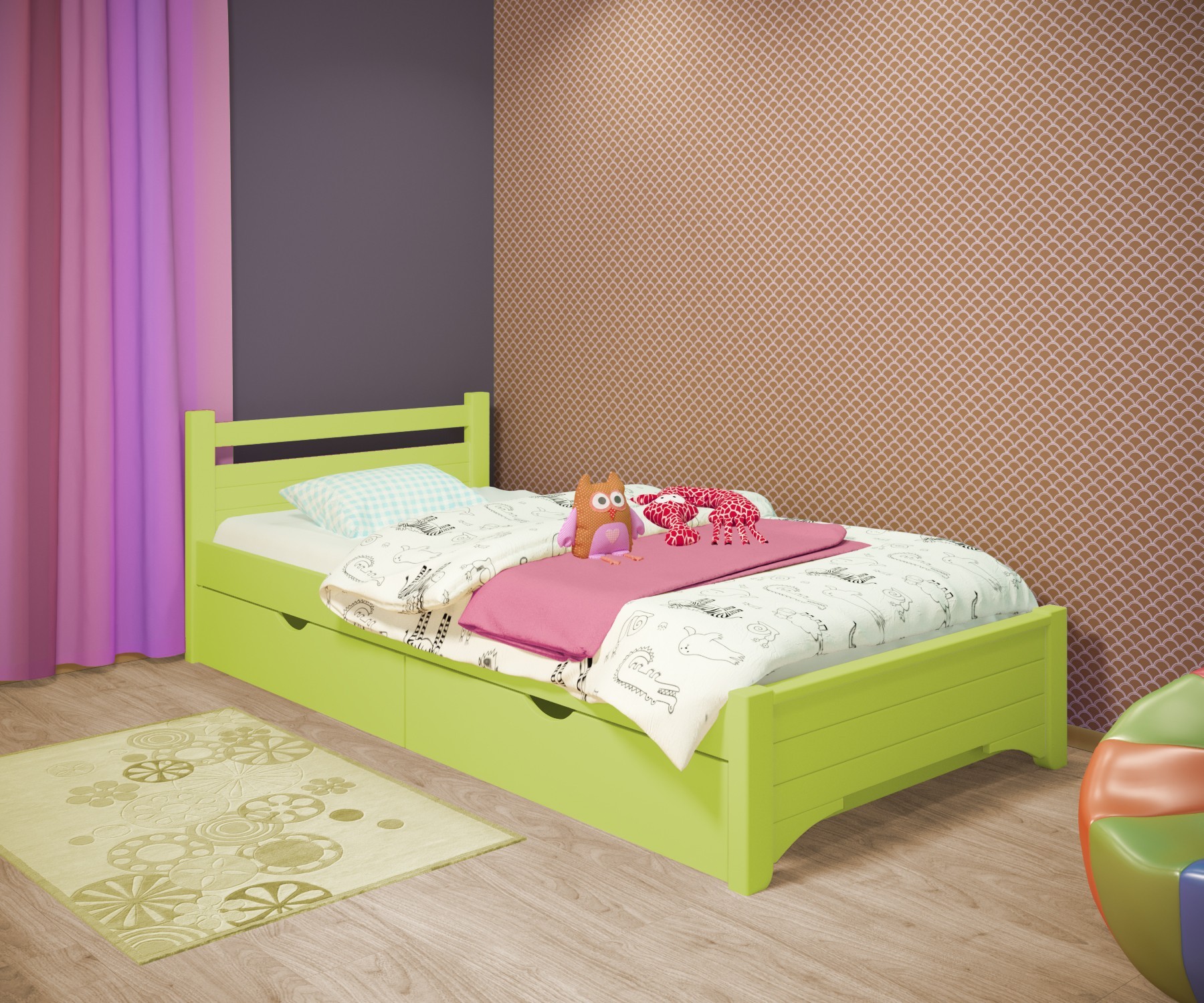 

Кровать односпальная RainbowDream Дюпон 90х200 см зеленый массив ольхи, с ящиками