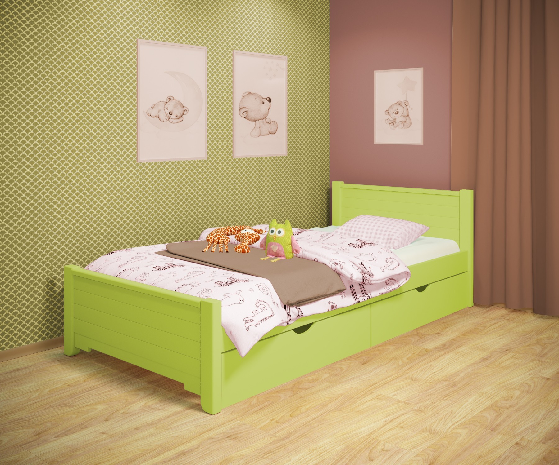 

Кровать односпальная RainbowDream Фиронни 80х160 см зеленый массив ольхи, с ящиками