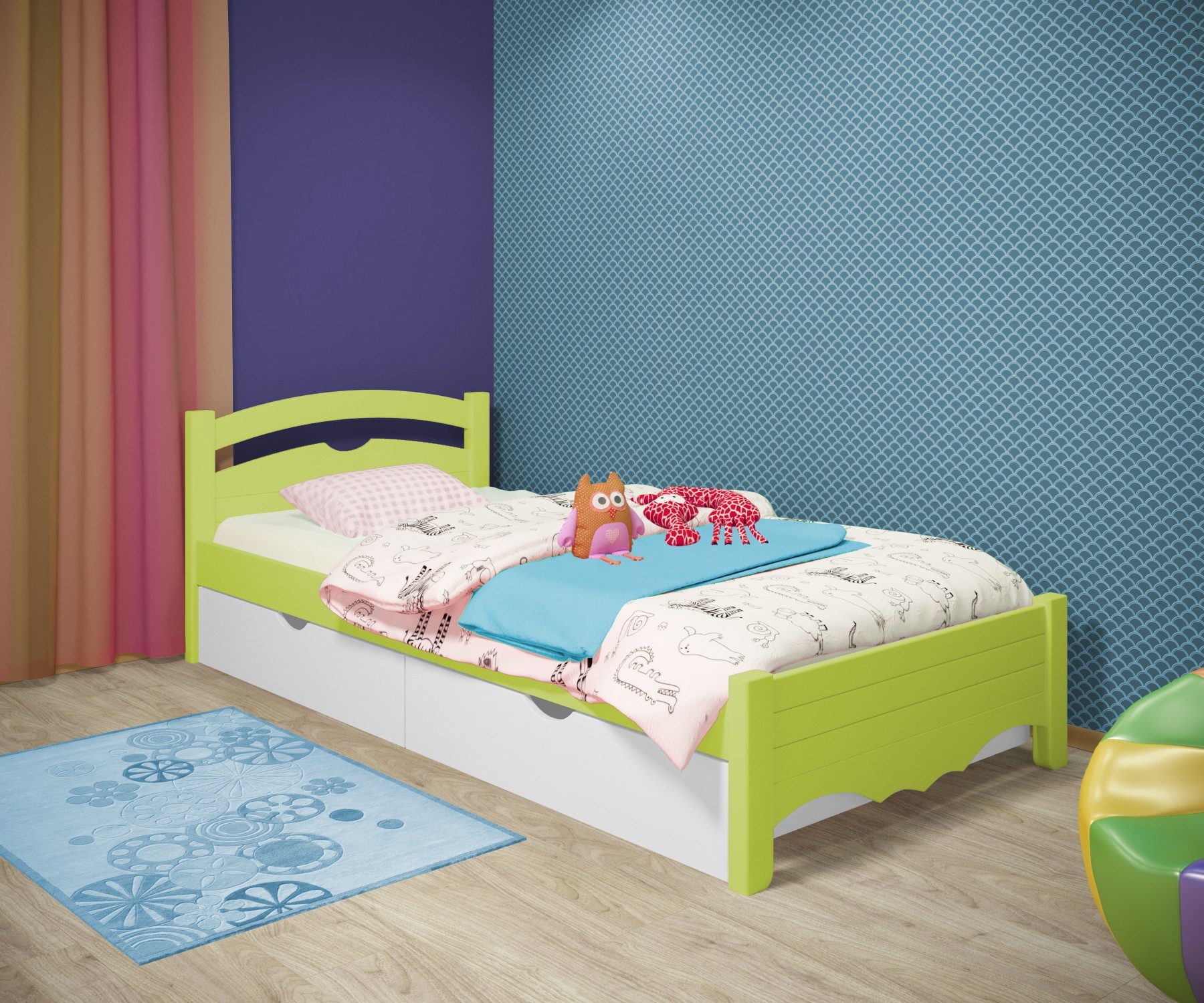 

Кровать односпальная RainbowDream Фирина 90х200 см зеленый массив ольхи, с ящиками